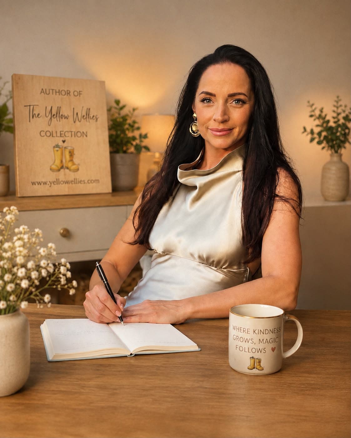 Jamie-Lee at a wooden desk, writing in a notebook beside a mug that reads “Where kindness grows, magic follows”