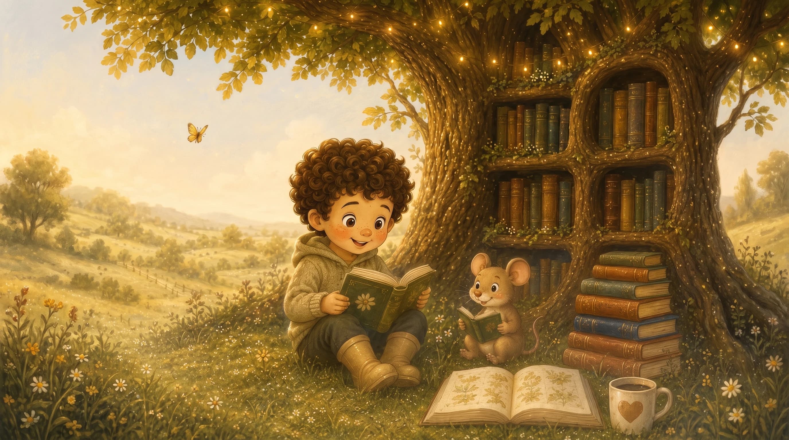 A boy reading under a great tree strung with fairy lights, a bookshelf carved into its trunk, a mouse reading beside him