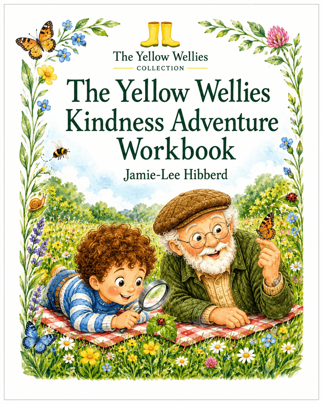 A bright, cheerful children’s activity workbook cover with a soft watercolour storybook style. Reggie, a young boy with curly brown hair and rosy cheeks, lies on a red-and-white checked picnic blanket, happily examining a ladybird with a magnifying glass. Beside him lies his Grandad, an elderly man with white hair and a white beard, round glasses, a brown flat cap and a green jacket. He smiles warmly while holding up one finger, where an orange butterfly has landed. They are surrounded by a colourful wildflower meadow filled with daisies, yellow flowers, greenery and friendly garden creatures, including butterflies, a bee, a ladybird and a snail. Delicate flowers and leafy stems frame the illustration, with plenty of clean white space around the edge. At the top is The Yellow Wellies Collection logo featuring a pair of yellow wellington boots. The main title reads “The Yellow Wellies Kindness Adventure Workbook” in large dark-green lettering, with “Jamie-Lee Hibberd” underneath.